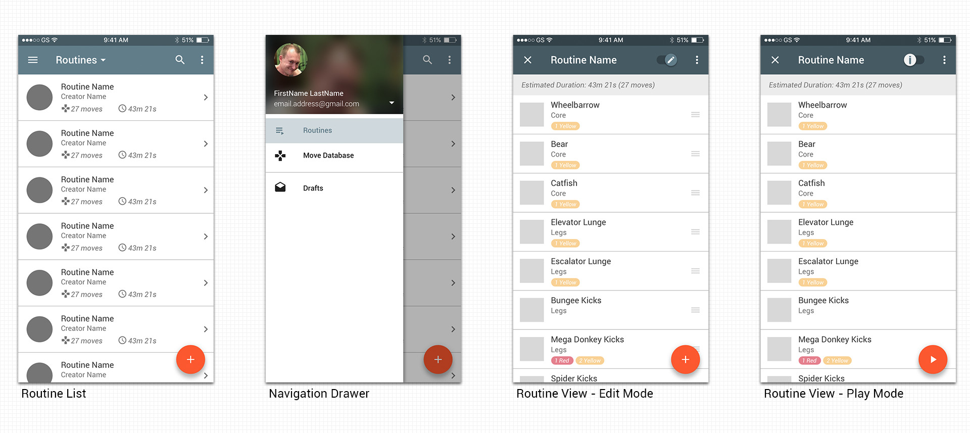 An assortment of screens from an early design of a megaformer app